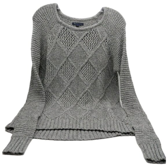 American Eagle Women Size Small Sweater Gray Wool Blend Diamond Print Crew Neck - Picture 1 of 10